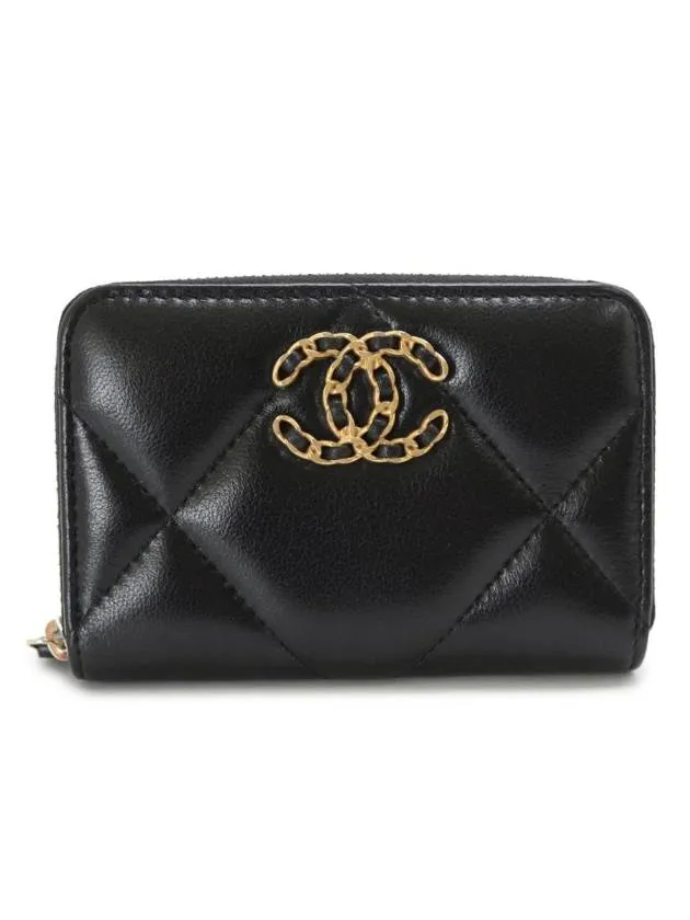 19 CC Logo Zip Around Lambskin Card Wallet Black Chanel