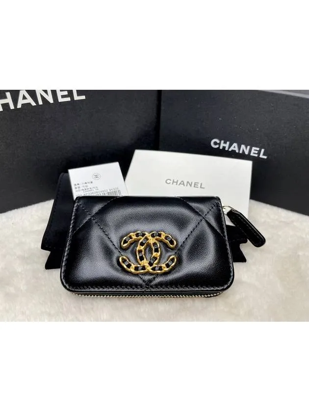 19 CC Logo Zip Around Lambskin Card Wallet Black Chanel