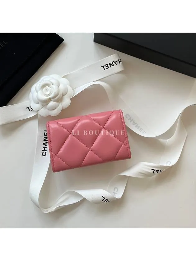 19 Gold Hardware Lambskin Flap Card Wallet Coral Pink Chanel