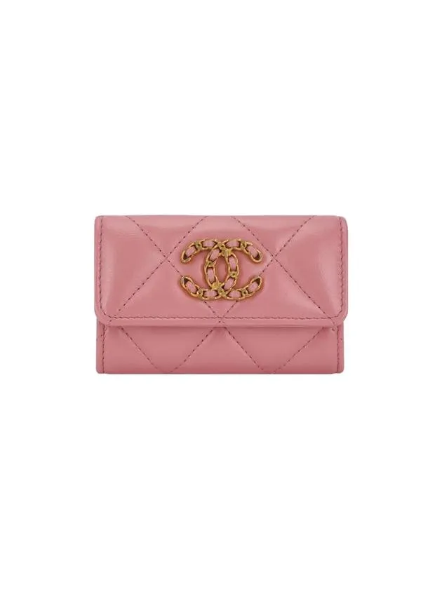 19 Gold Hardware Lambskin Flap Card Wallet Coral Pink Chanel