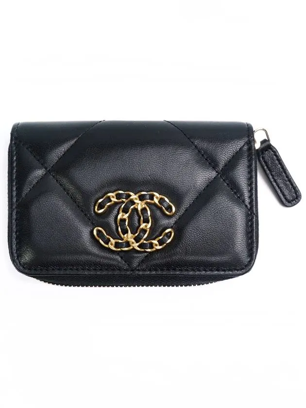 19 Zip Around Lambskin Card Wallet Black Chanel