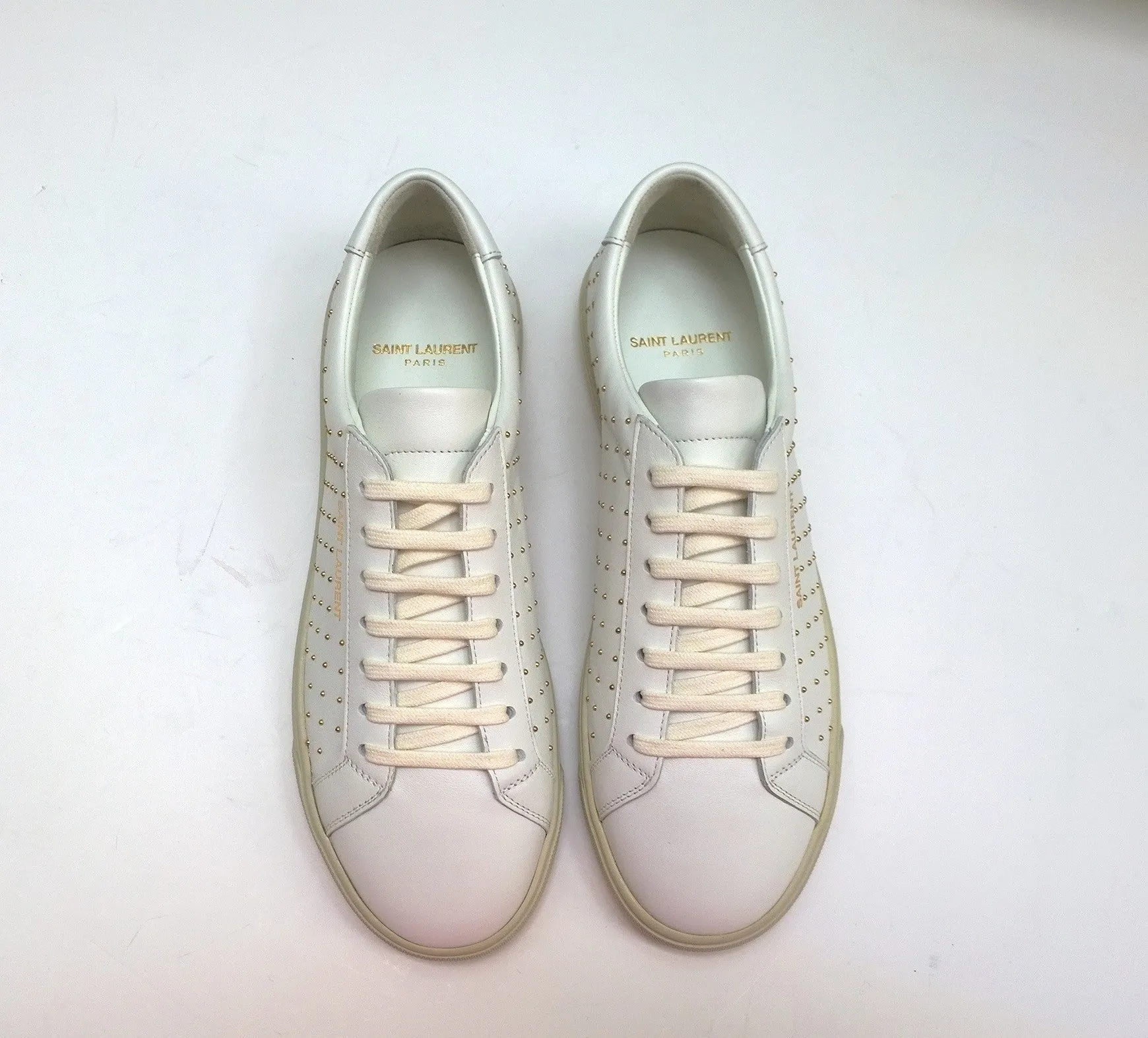 Saint Laurent Andy White Leather Sneakers with Gold Studs